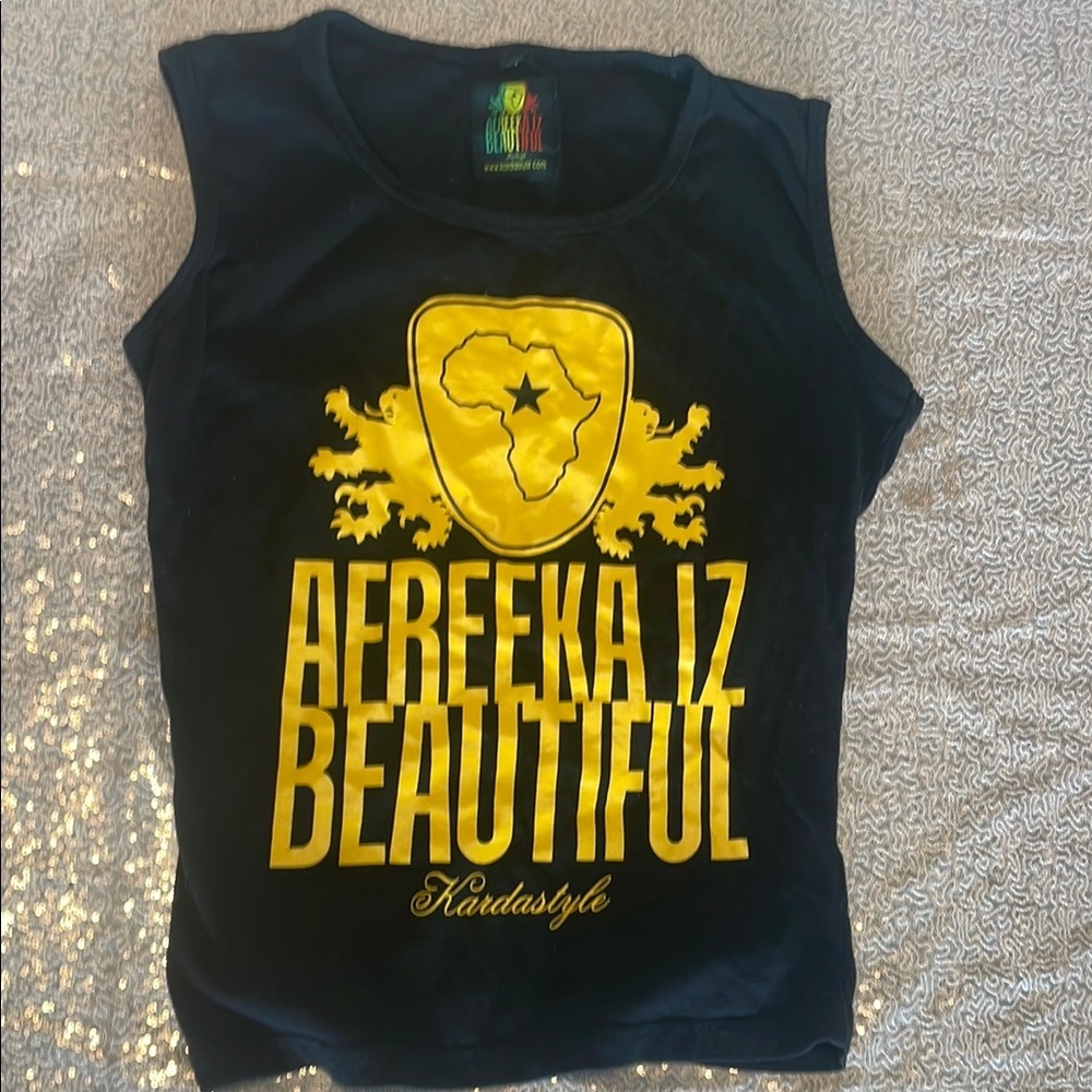 Black and Gold Graphic Tank Top with Crest Design